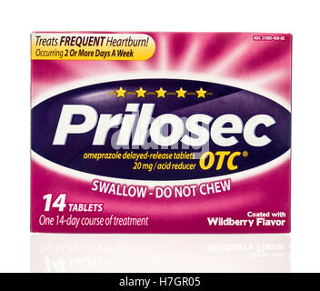 Winneconne, WI - 2 Novembre 2016: casella di Prilosec farmaco bruciori di stomaco isolato su un background. Foto Stock