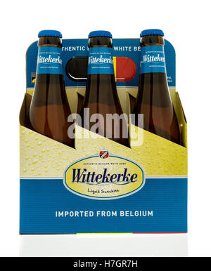 Winneconne, WI - 3 Novembre 2016: six pack di birra Wittekerke isolato su un background. Foto Stock