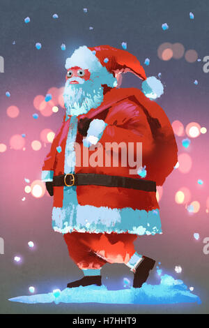Illustrazione della pittura di Babbo Natale con un sacco di regali di Natale,concept Foto Stock