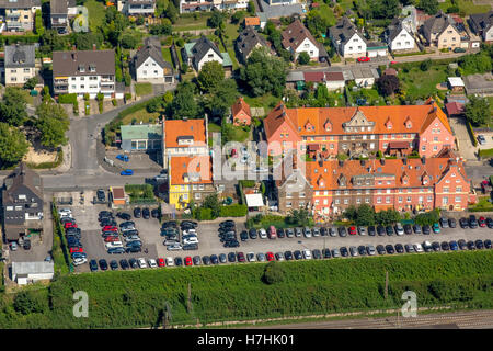 Vista aerea, Hagen-Hohenlimburg Hoesch insediamento, dei lavoratori per insediamento Hoesch Hohenlimburg Steelfactory,steelprocessing, Foto Stock