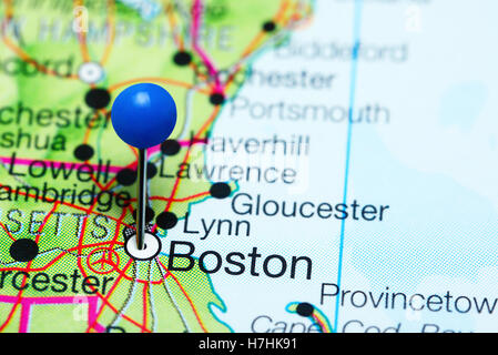 Boston imperniata su una mappa del Massachusetts, STATI UNITI D'AMERICA Foto Stock