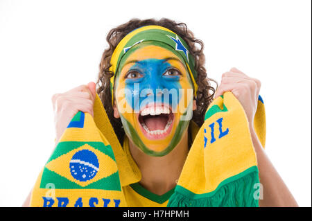 Femmina brasiliana tifoso di calcio Foto Stock