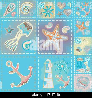 Navy vector seamless pattern. Onde, granchio, ruota, anchor, stella e cuore. Illustrazione Vettoriale