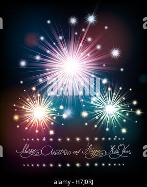 Buon Natale e Felice Anno Nuovo poster con festosi fuochi d' artificio e scritto a mano scritte. Illustrazione Vettoriale Illustrazione Vettoriale