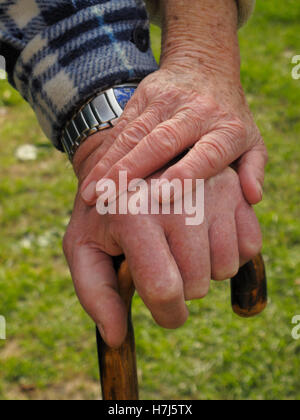 Mani di una coppia di anziani su un bastone da passeggio Foto Stock