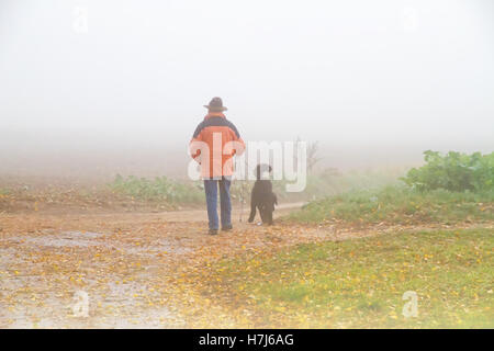 Anziani a piedi con il suo cane su un nebbioso giorno Foto Stock