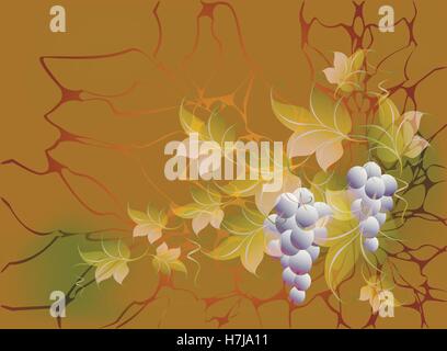 Decorative grappoli di uva e di foglie di autunno sfondo in giallo e arancio. EPS10 illustrazione vettoriale Illustrazione Vettoriale
