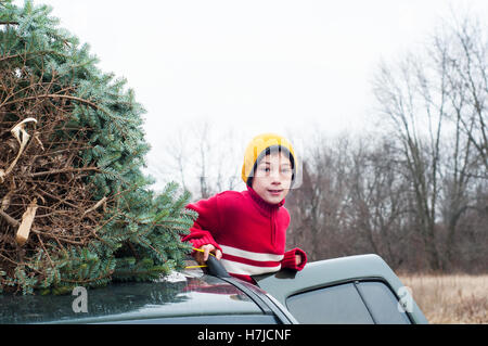 Ragazzo con un fresco tagliato albero di natale sul tetto di una vettura Foto Stock