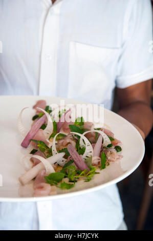 Tonno crudo con giglio gambo di fiore, cuore di banana, salati rape e basilico calda al Comune Tiger a Phnom Penh. Foto Stock