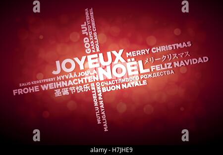 Multi language Buon Natale disegno tipografica. Il testo francese è al centro della pagina. Nuvola di parole in diverse lingue. Illustrazione Vettoriale