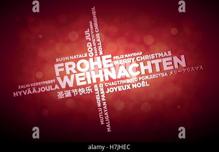 Multi language Buon Natale disegno tipografica. Il testo tedesco è al centro della pagina. Nuvola di parole in diverse lingue. Illustrazione Vettoriale