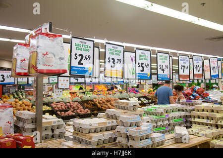 Harris Farm mercati retail drogheria in Sydney Nord,gabbia libero e le uova organiche sul display Foto Stock