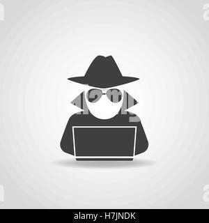 Icona nera di anonimo spy agent ricerca su laptop. Illustrazione Vettoriale