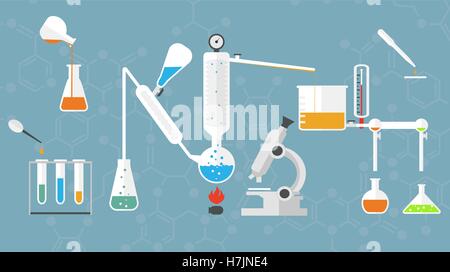 Laboratorio Chimico di tubi e bicchieri, microscopio liquidi e reagenti. Illustrazione Vettoriale