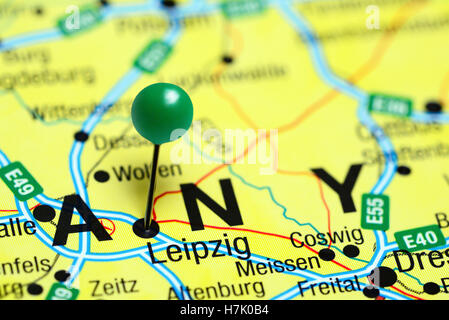 Leipzig imperniata su una mappa della Germania Foto Stock
