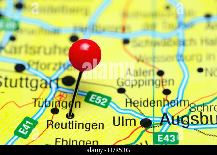 Reutlingen imperniata su una mappa della Germania Foto Stock
