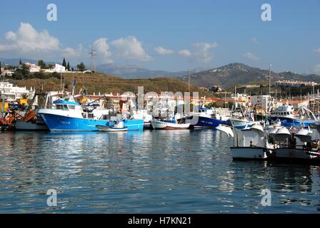 Vista delle barche da pesca e yacht ormeggiati in porto con edifici del comune per la parte posteriore, Caleta de Velez, provincia di Malaga, Spagna. Foto Stock