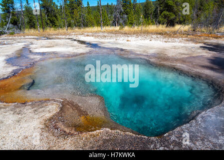 Piscina interessante visto dal lago Firehole Drive nel Parco Nazionale di Yellowstone Foto Stock