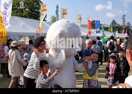 Mascotte giapponese caratteri in Yuru-Kyara Grand Prix il 6 novembre 2016, in Matsuyama, Giappone. Simpatico peluche mascotte sono molto popolari in Giappone e di entrambe le società e le autorità locali li utilizzano per promuovere i loro prodotti e per regione. Il Yuru-Kyara Grand Prix è un evento annuale organizzato per la prima volta nel 2010, che riunisce oltre 1000 mascotte provenienti da tutto il paese. I visitatori della manifestazione sono in grado di votare per il loro personaggio preferito e ogni anno un vincitore viene scelto. © Asta Walters/AFLO/Alamy Live News Foto Stock