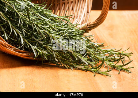 Il rosmarino (Rosmarinus officinalis) ciuffi in una cesta sul tavolo di legno Foto Stock