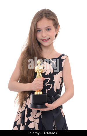 Bellezza ragazza con Trofeo isolati su sfondo bianco Foto Stock