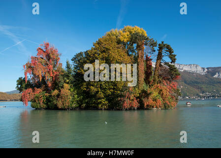 Ille de Cygne, panorama, il lago di Annecy, Haute Savoie, Francia Foto Stock