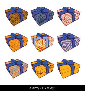 Set di colorate scatole regalo con archetti e nastri. Illustrazione Vettoriale collection Illustrazione Vettoriale