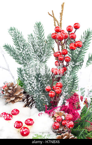 Piatto natalizio con bacche decorazione funghi isolati su sfondo bianco Foto Stock