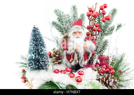 Pranzo di Natale con Babbo Natale albero e decorazione isolato su bianco Foto Stock