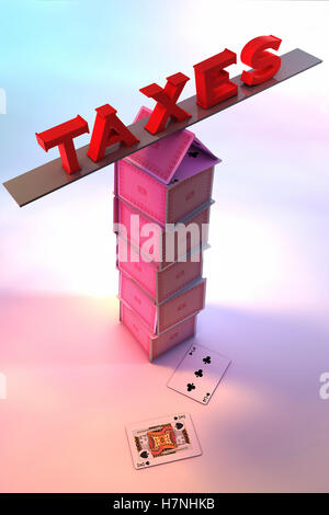 Le tasse in equilibrio su una casa di carte Foto Stock