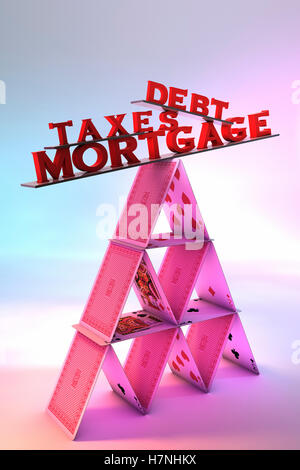 Ipoteca,le tasse e il debito in equilibrio su una casa di carte Foto Stock