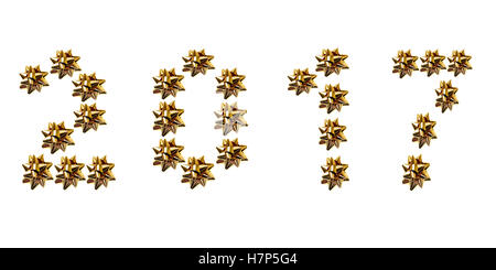 2017 scritta con carta oro fiocchi isolati su sfondo bianco Foto Stock