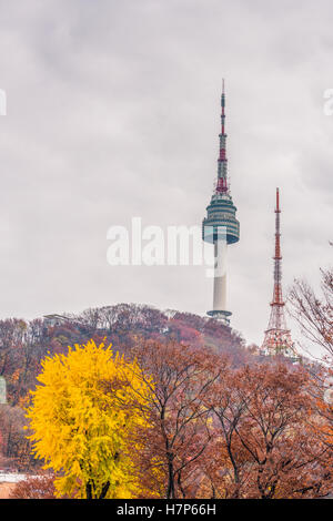 In autunno la torre di Namsan a Seul, Corea del Sud Foto Stock