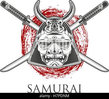 Samurai Warrior maschera con spada katana Illustrazione Vettoriale