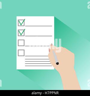 La mano di un imprenditore tenendo un questionario, contratto, accordo, documento. Illustrazione piatta stile. Illustrazione Vettoriale. Illustrazione Vettoriale