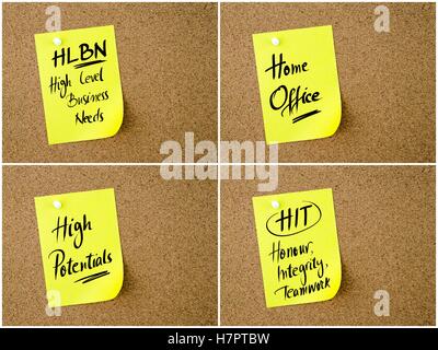 Collage di Business degli acronimi scritto su carta gialla nota appuntata sulla bacheca di sughero con la puntina bianca, copia dello spazio disponibile Foto Stock