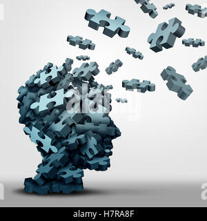 Demenza concetto puzzle brain problema di salute come simbolo una neurologia e psicologia icona come un gruppo di 3D illustrazione pezzi di puzzle a forma di una testa umana come una salute mentale o perdita di memoria in disordine. Foto Stock