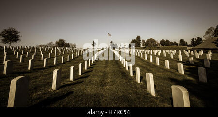 Righe di veterani tombe con una bandiera americana all'orizzonte. Foto Stock