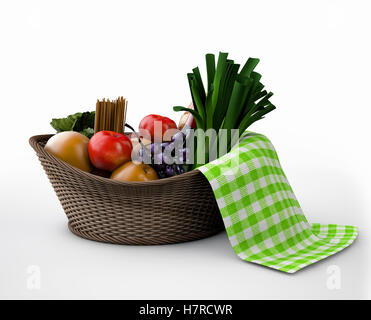 Composizione con frutta e verdura in cesto in vimini isolato su bianco Foto Stock