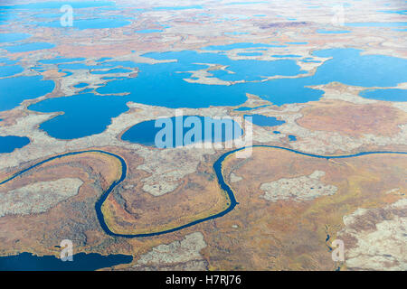 Vista aerea di un ruscello che scorre attraverso un paesaggio tundra riempito con piccoli stagni, Yukon Delta, Arctic Alaska Foto Stock