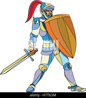Knight Full Armor con la spada per difendere il mosaico Illustrazione Vettoriale