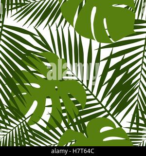 Di foglie di palma e silhouette di monstera seamless pattern. Illustrazione Vettoriale. Foglie tropicali. Illustrazione Vettoriale