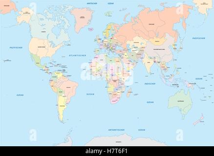 Mappa del mondo in lingua tedesca Illustrazione Vettoriale