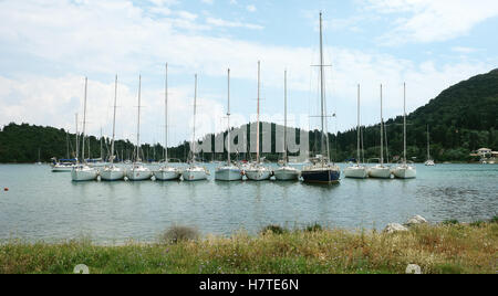 Nidri, Grecia, 11 Maggio 2013: Paesaggio con Harbour, costa verde, e yacht parcheggio nel mare Ionio, Grecia. Foto Stock