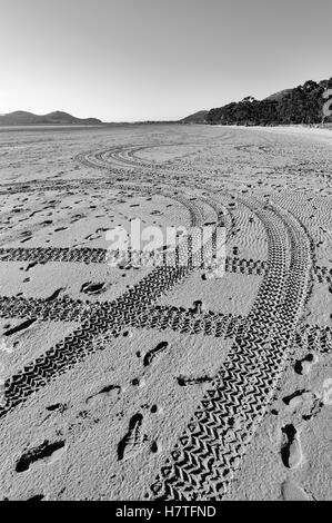 Ootprint di tutti i tipi di terreno nella sabbia della spiaggia di Laredo, Cantabria, SPAGNA Foto Stock