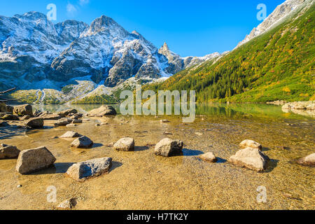 Morskie Oko lago nella collezione autunno colori e picchi innevati, Monti Tatra, Polonia Foto Stock