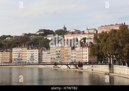 Vista della città di Lione con il Fiume Saone, Francia Foto Stock