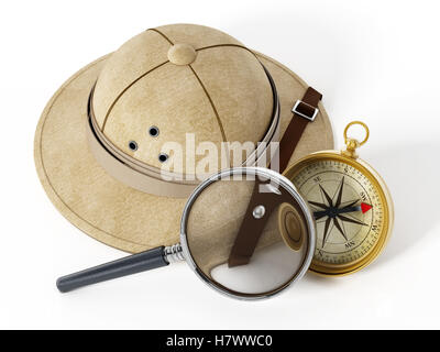 Explorer hat, lente di ingrandimento e bussola vintage isolati su