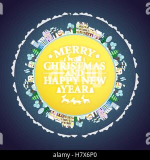 Vacanze a telaio con inverno case e alberi. Auguri di Buon Natale felice anno nuovo lettering illustrazione vettoriale Illustrazione Vettoriale