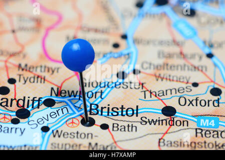 Bristol imperniata su di una mappa del Regno Unito Foto Stock